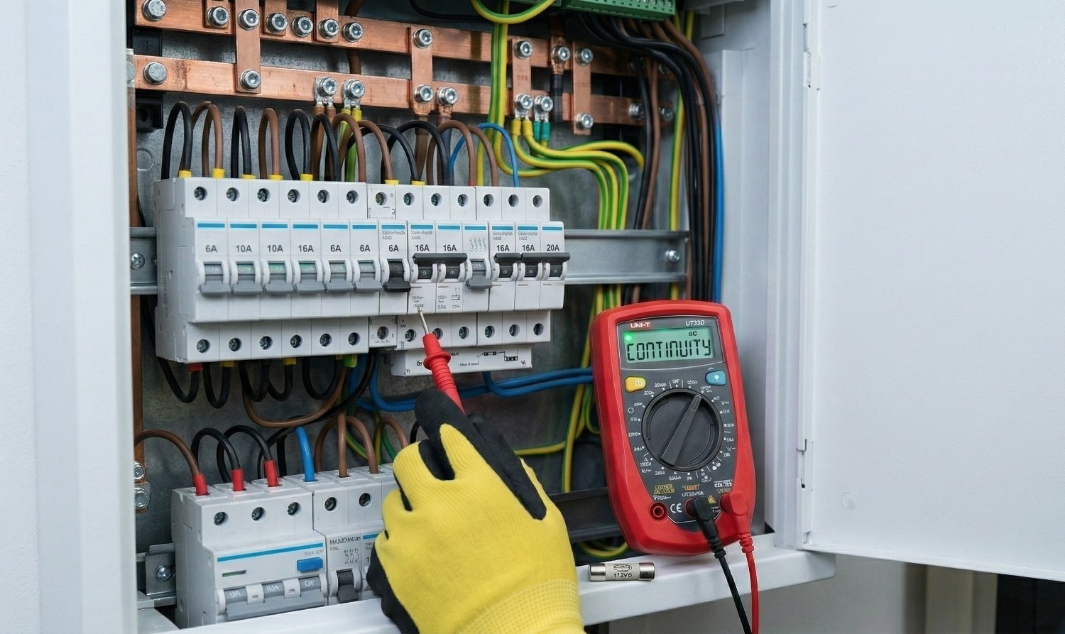 Técnico utilizando multimetro digital uni t