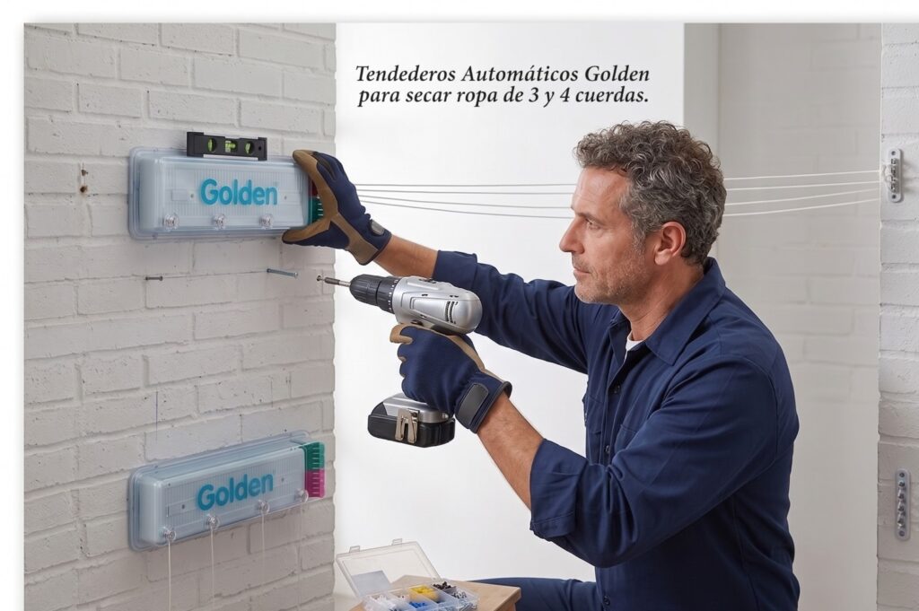 Técnico instalando el tendedero de ropa de 3 cuerdas