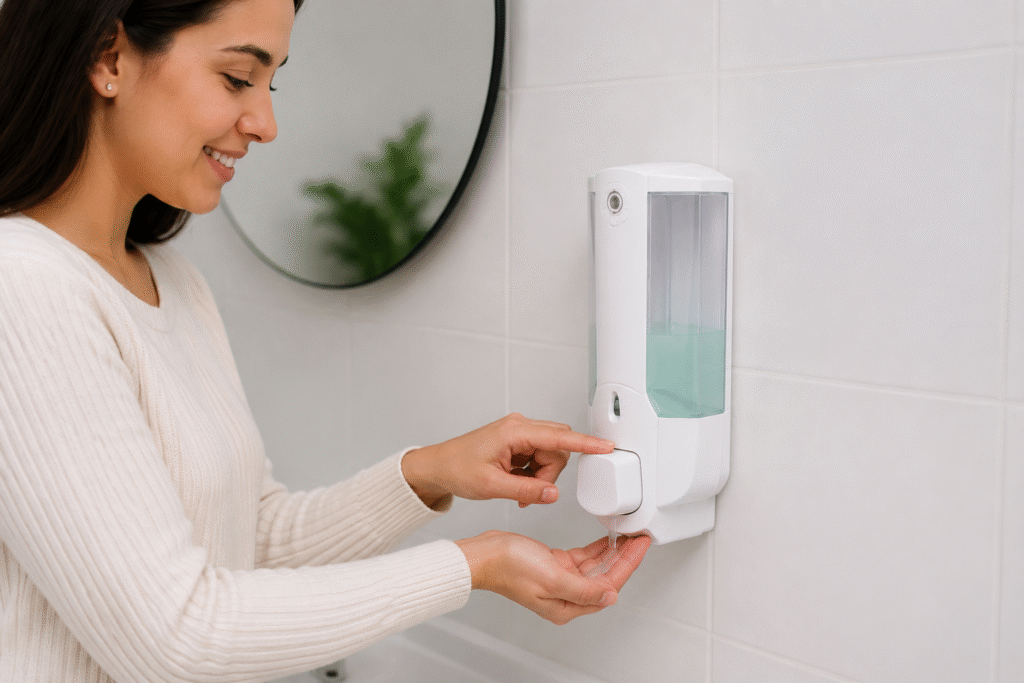 Mujer utilizando el dosificador jabón liquido baños