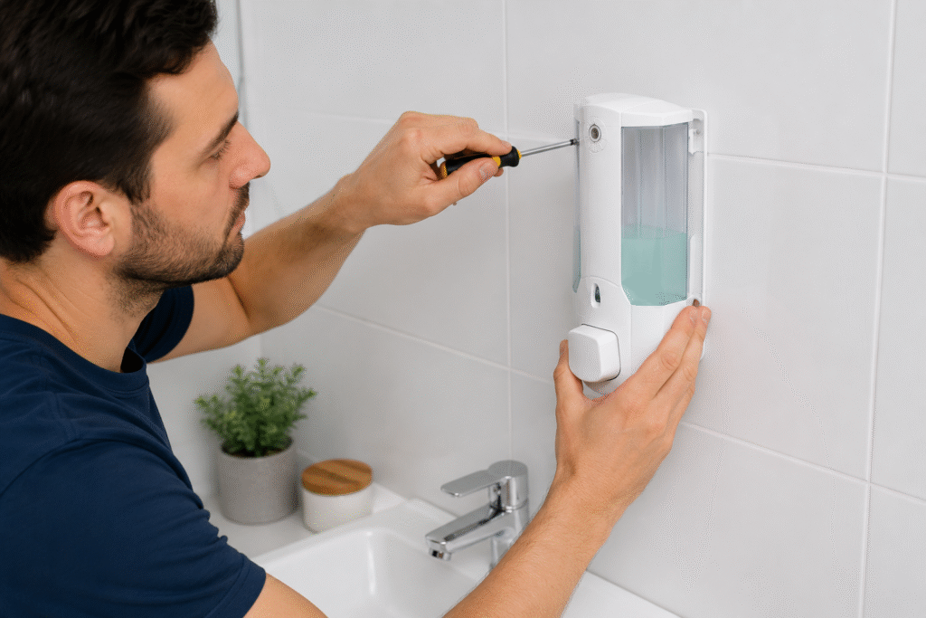 Técnico instalando el dosificador jabón liquido baños