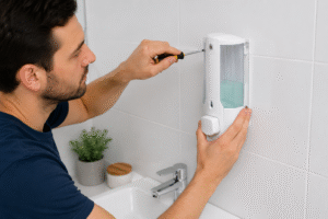 Técnico instalando el dosificador jabón liquido baños