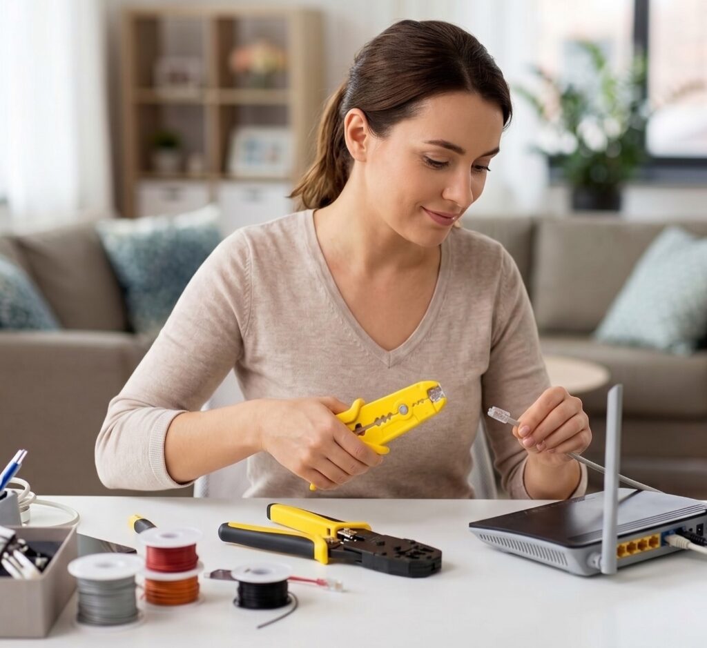 Mujer utilizando pinza ponchadora para contenedor telefónico