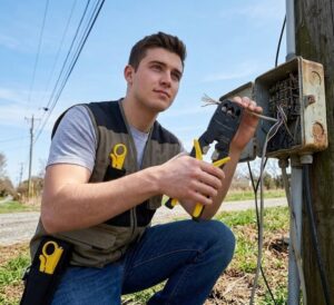 Técnico experto con pinza ponchadora para contenedor telefónico