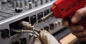 técnico utilizando pistola para soldar estaño